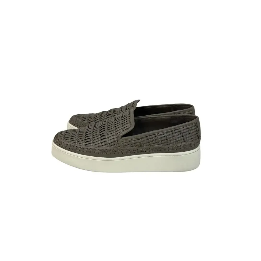 VINCE Stafford Woven Leather Slip-On Sneakers  Grey Platform Shoes Sz 8